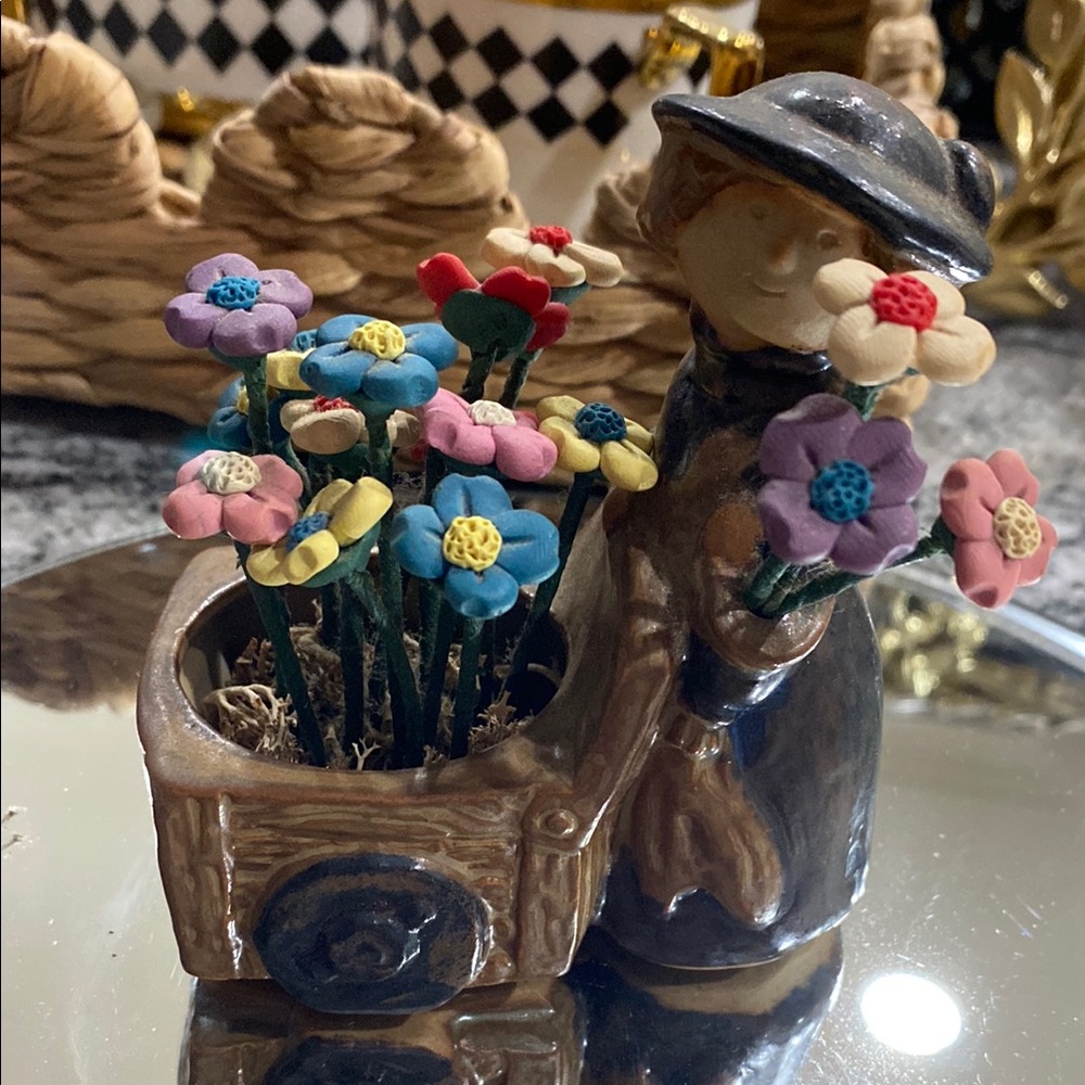 Vintage Counterpoint Stoneware Flower Cart Lady Votive Holder & Flowers!